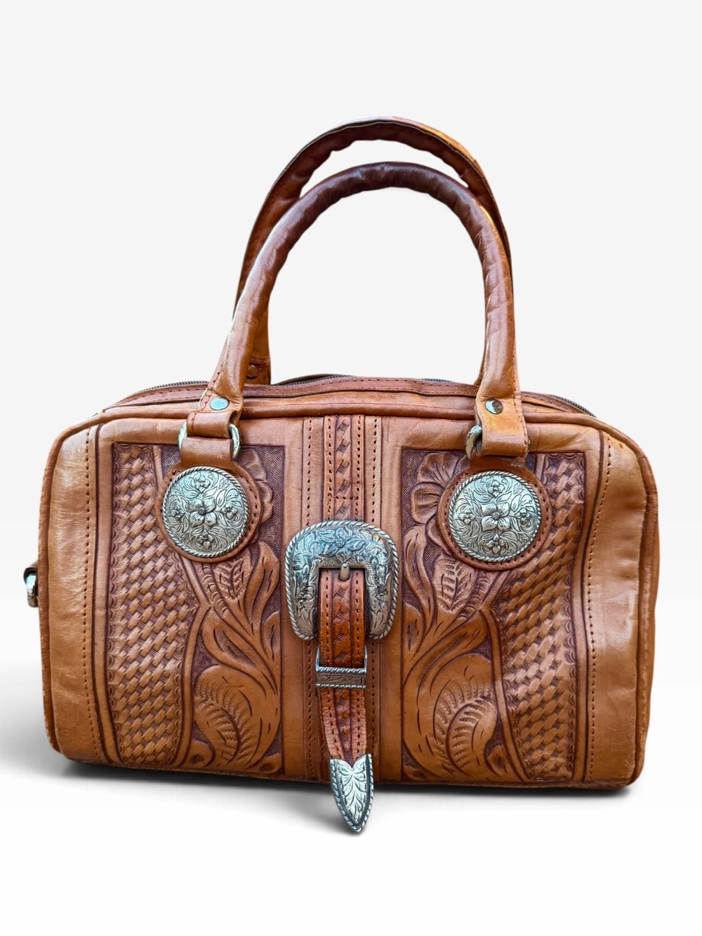 Vintage American West Tooled Tan Leather Satchel with Silver Conchos